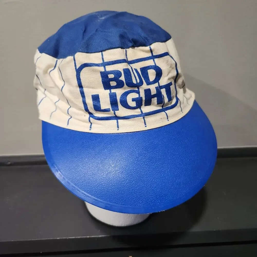 VTG Bud Light‎ Budweiser Beer Blue Pinstripe Painters Hat Cap USA Made STAINED